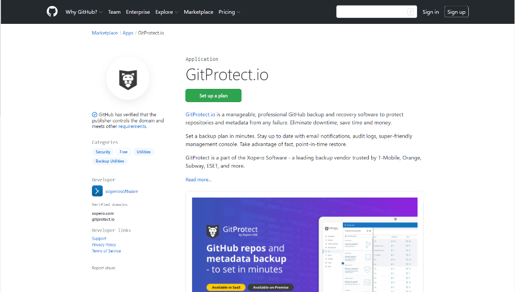 GitHub Marketplace Backup Utilities - install GitProtect.io