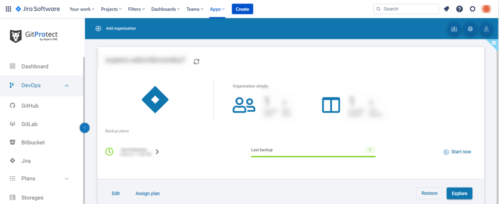 GitProtect Jira backup tab in Jira Cloud interface