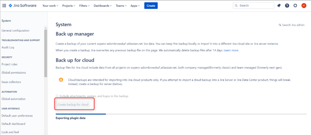 Jira Backup Manager is available in the System Settings tab