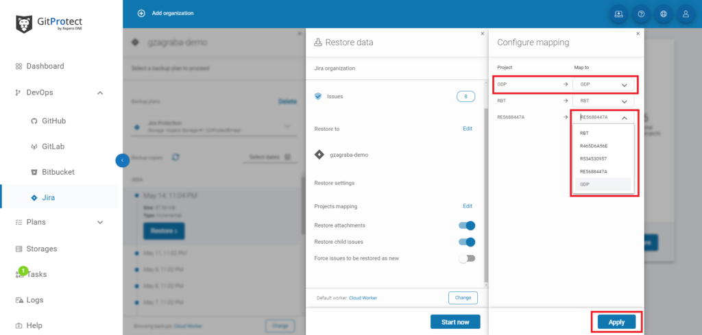 Jira issue restore with GitProtect 10