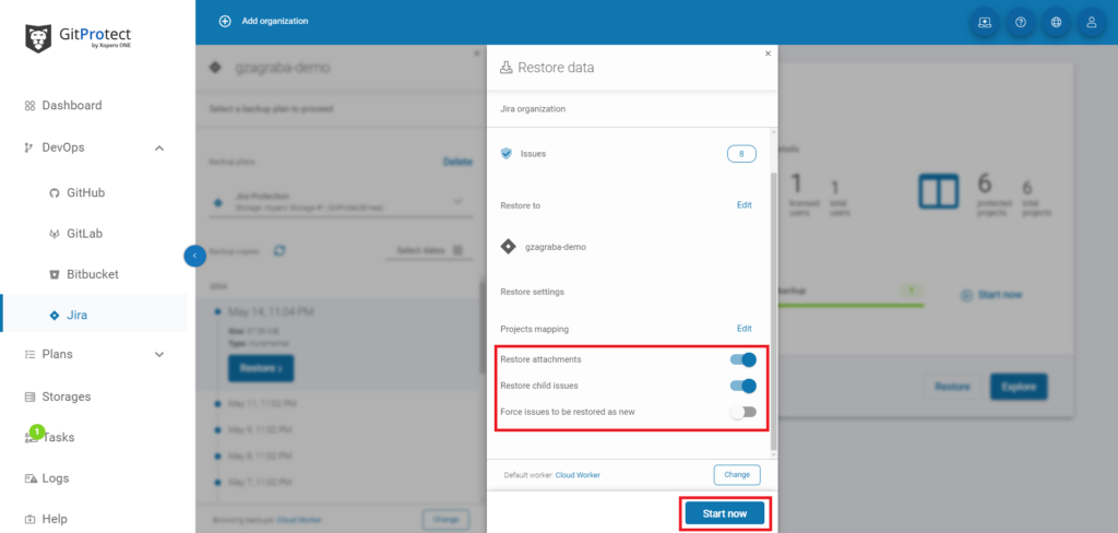 Jira issue restore with GitProtect 11