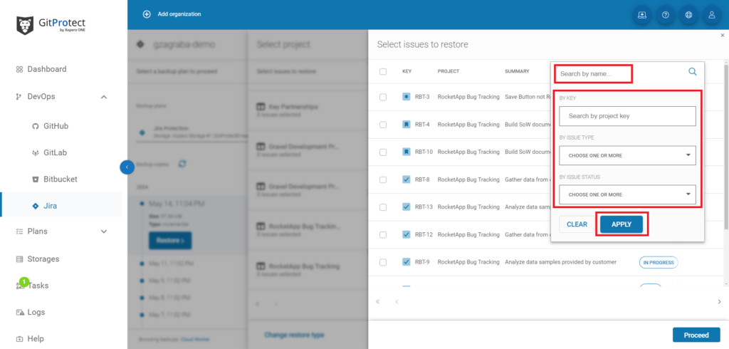 Jira issue restore with GitProtect 6