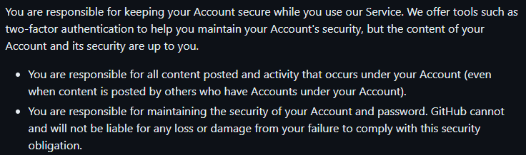 GitHub’s terms of service in terms of account security