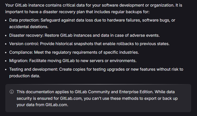 GitLab about data backup and recovery in their documentation