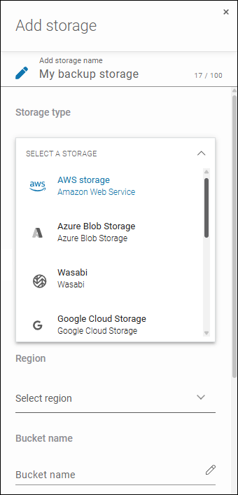 The dropdown in GitProtect to choose a backup storage, with multiple options available like AWS, Azure Blob, Wasabi, Google Cloud Storage, and more.
