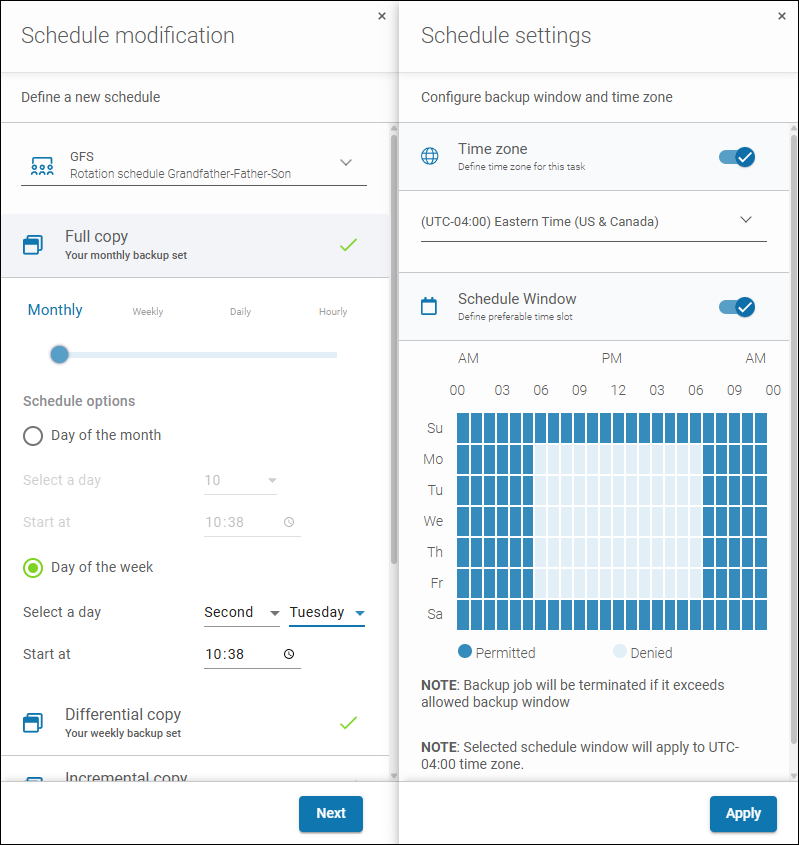 Scheduler and backup window settings in GitProtect with a dropdown to choose schedule scheme, schedule settings for each copy type (full, incremental, etc.), the time zone option, and the backup window picker.