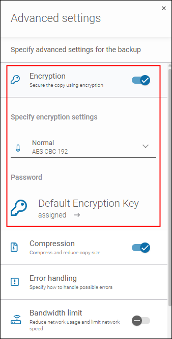 Backup encryption settings in Gitprotect with the encryption on/off toggle switch, encryption level dropdown, and an option to configure encryption key.