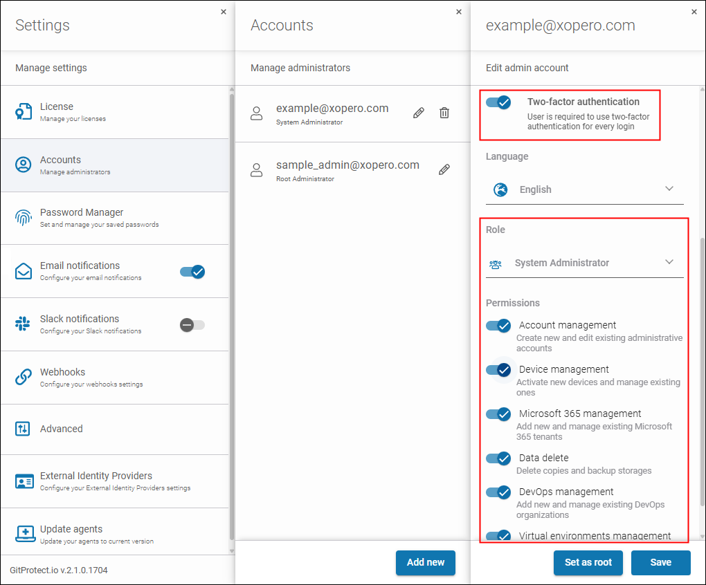 Multi-factor authentication (MFA) and role-based access control (RBAC) settings in GitProtect. You can use a toggle switch to enable/disable MFA, use a dropdown to choose a level of permissions, and toggle related switches on/off to enable or disable a specific permission, e.g., delete data.