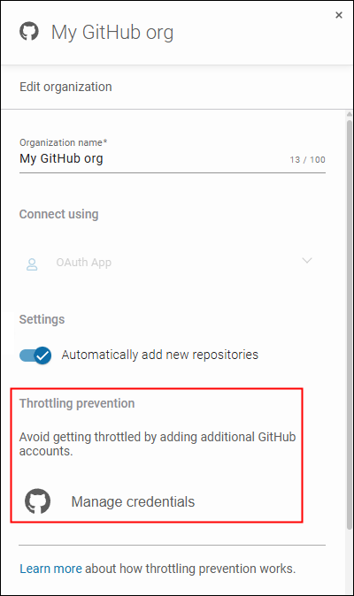 Throttling prevention settings in GitProtect. The prevention uses multiple user credentials to bypass throttling mechanisms that may apply to data-intensive operations, such as backup and restore, to/from a cloud service.