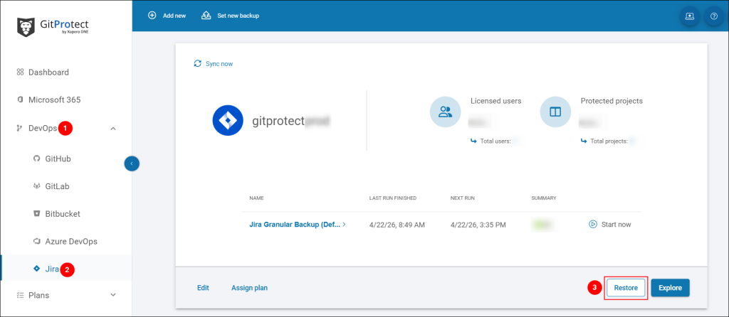 Steps showing how to initiate Jira restore in GitProtect.
