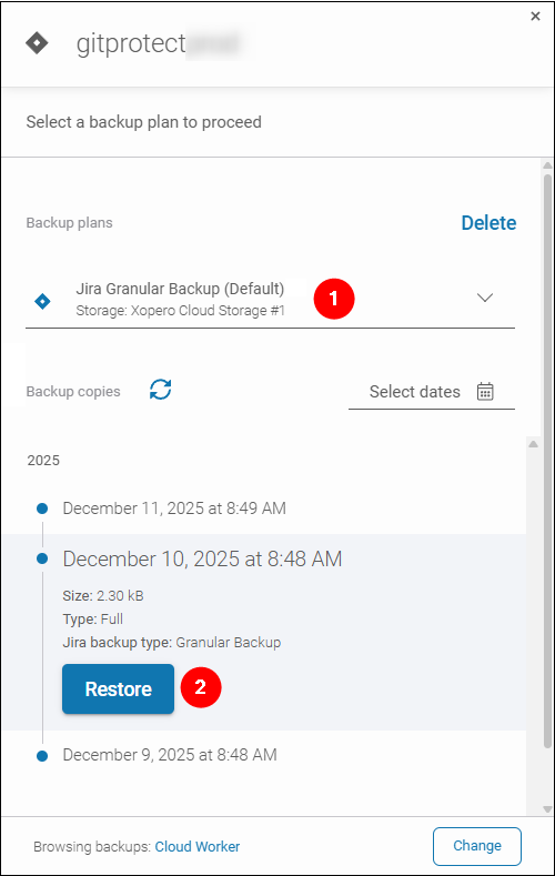 Selecting backup plan with a dropdown list and choosing a specific point-in-time Jira backup before the affected data was deleted in Jira.