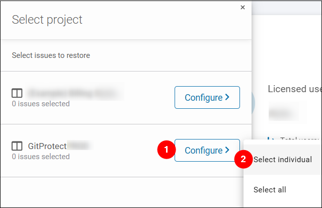 Click Configure and Select individual in GitProtect to opt for the granular Jira data restore approach