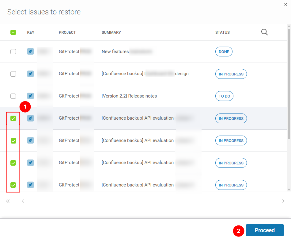 To select issues (work items and subtasks) to restore with GitProtect, click the checkbox next to them.