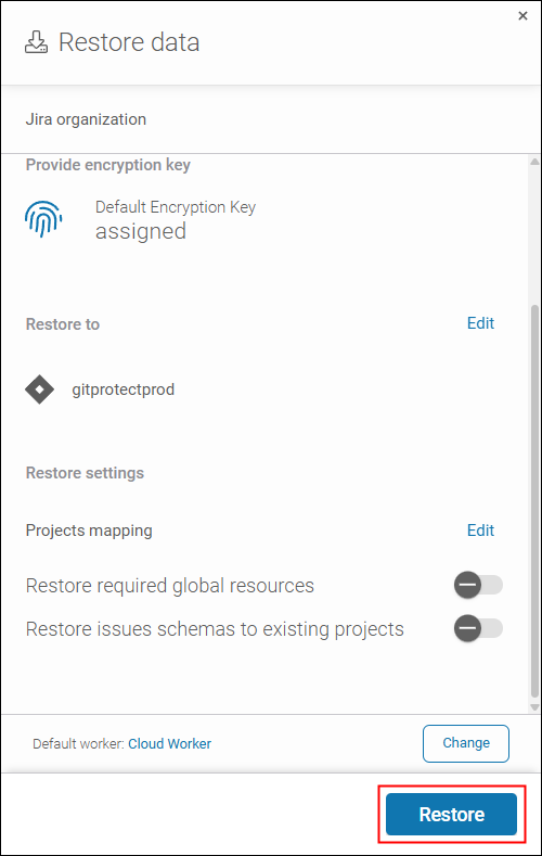 Starting the restore in GitProtect - click the Restore button.