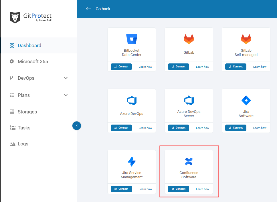 GitProtect supports Confluence backup - click the tile to integrate the workload