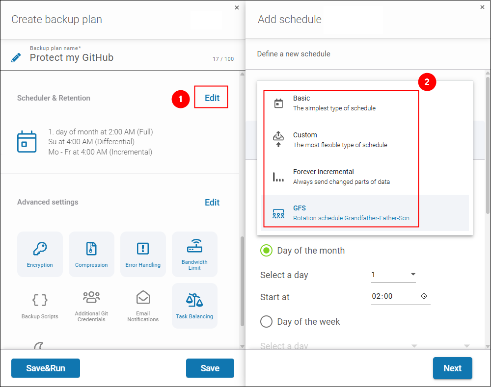 Click Edit next to Scheduler & Retention to access scheduler settings. Choose a schedule type (basic, Custom, Forever incremental, GFS) by choosing it from a dropdown list.