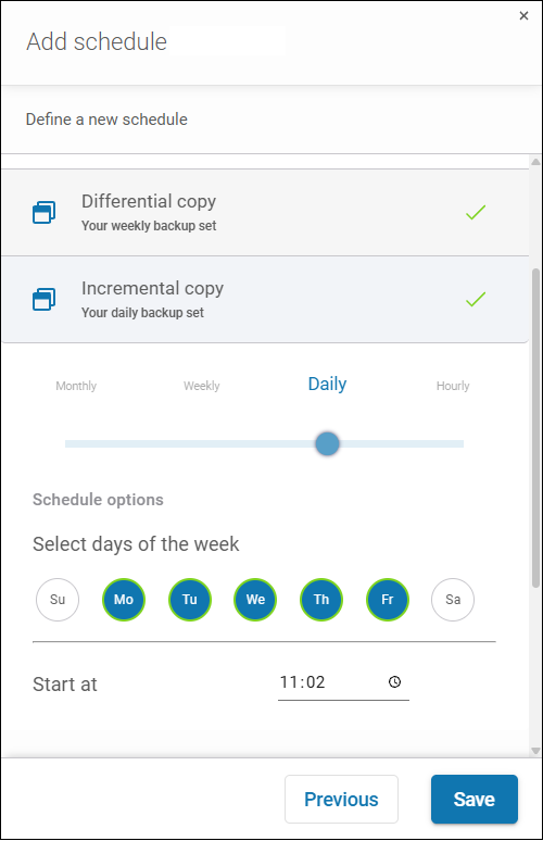 Configure frequency with a slider, click days of the week on the scheme, and input start time for each copy type.