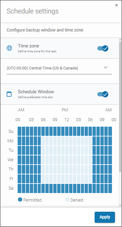 Enable time zone with a toggle switch and choose the zone from a dropdown list. Define backup window by clicking and dragging mouse cursor on the scheme with days and hours.