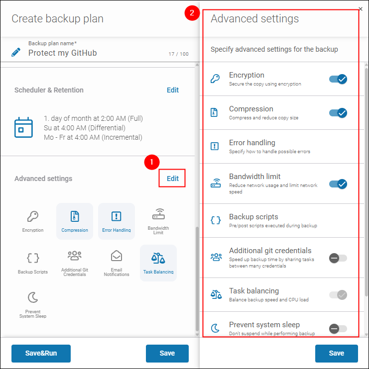 Configure advanced settings of a backup plan to optimize automated repo backups performance. Use options for encryption, compression, bandwidth limitation, and more.