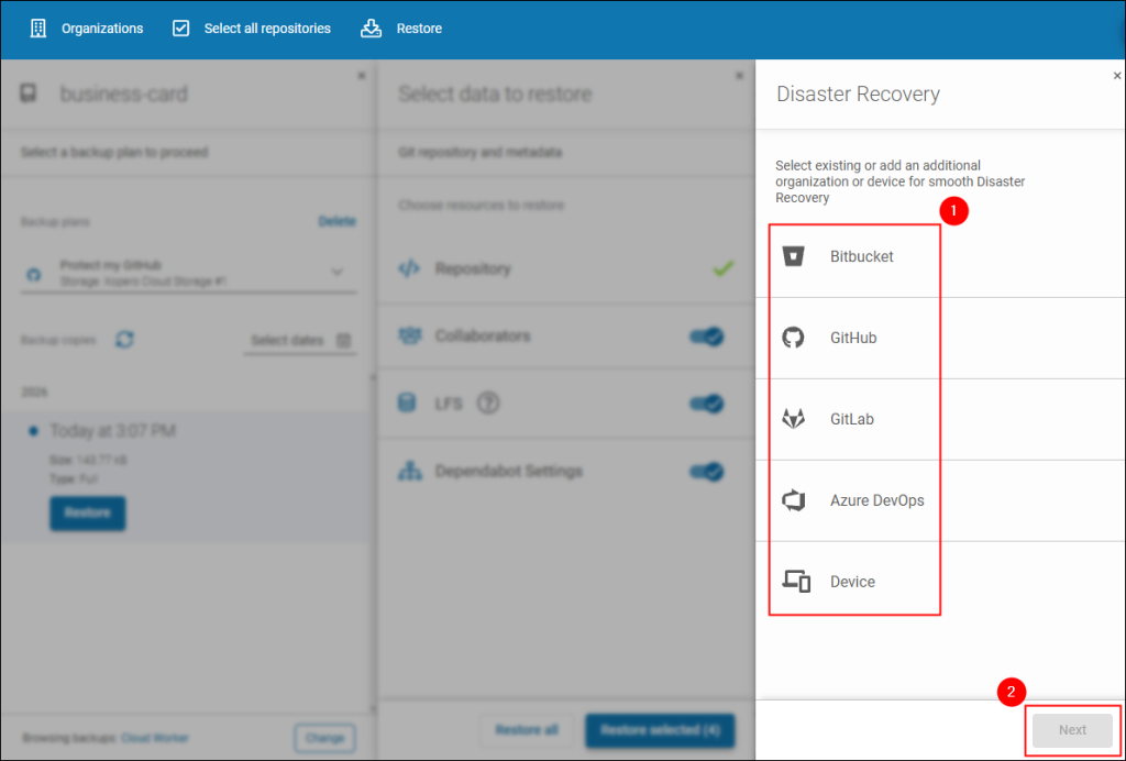 To cross-restore repositories to a different cloud provider, select the provider in the Disaster Recovery step and click Next.